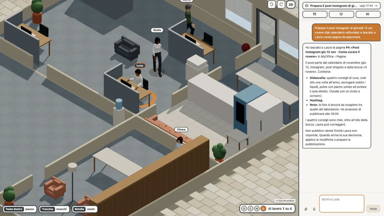 L'ufficio di MyOffice con la chat aperta: chiedi a un dipendente AI di preparare un post e lui ti lascia la bozza da approvare.