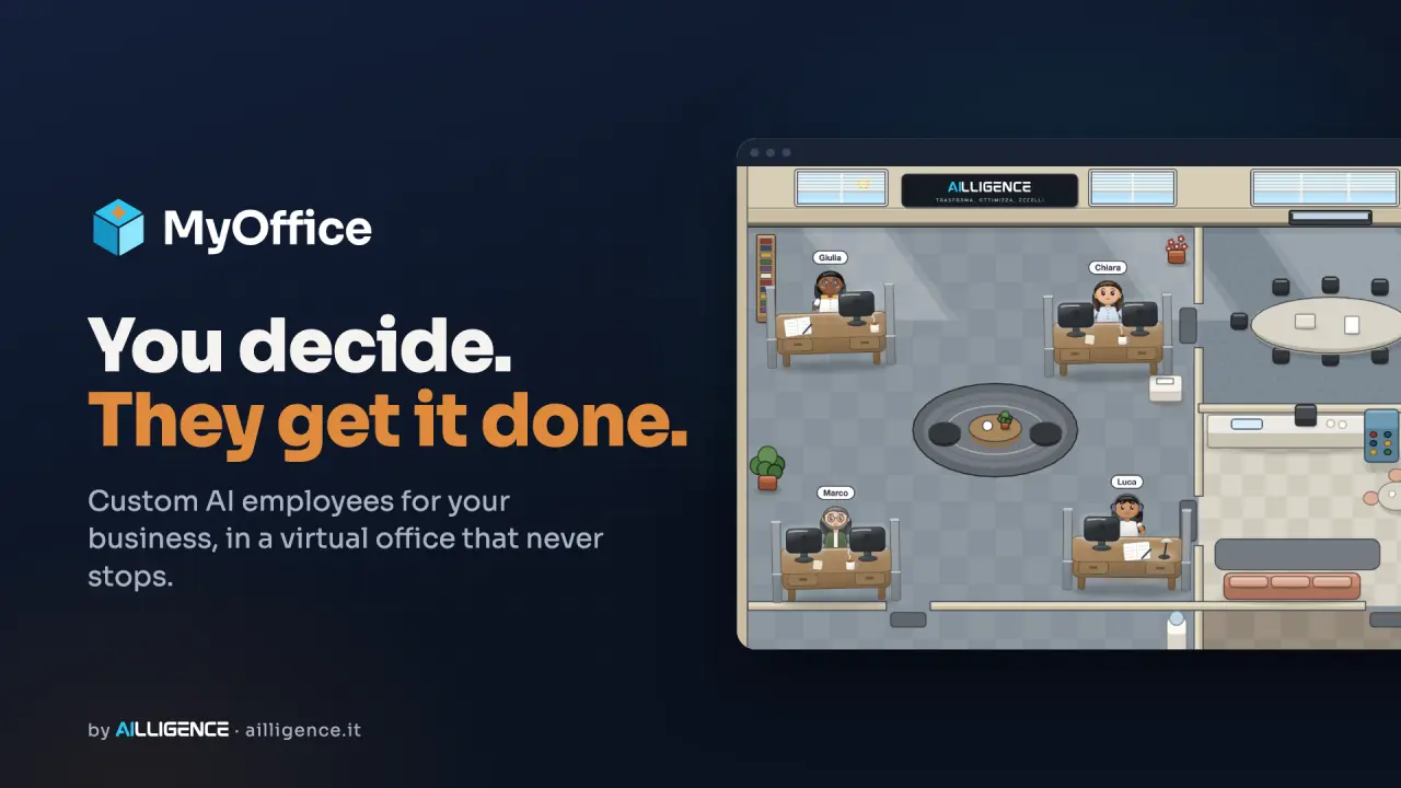 MyOffice cover: the logo, the tagline "You decide. They get it done." and the virtual office seen from above, with four AI employees at their desks.